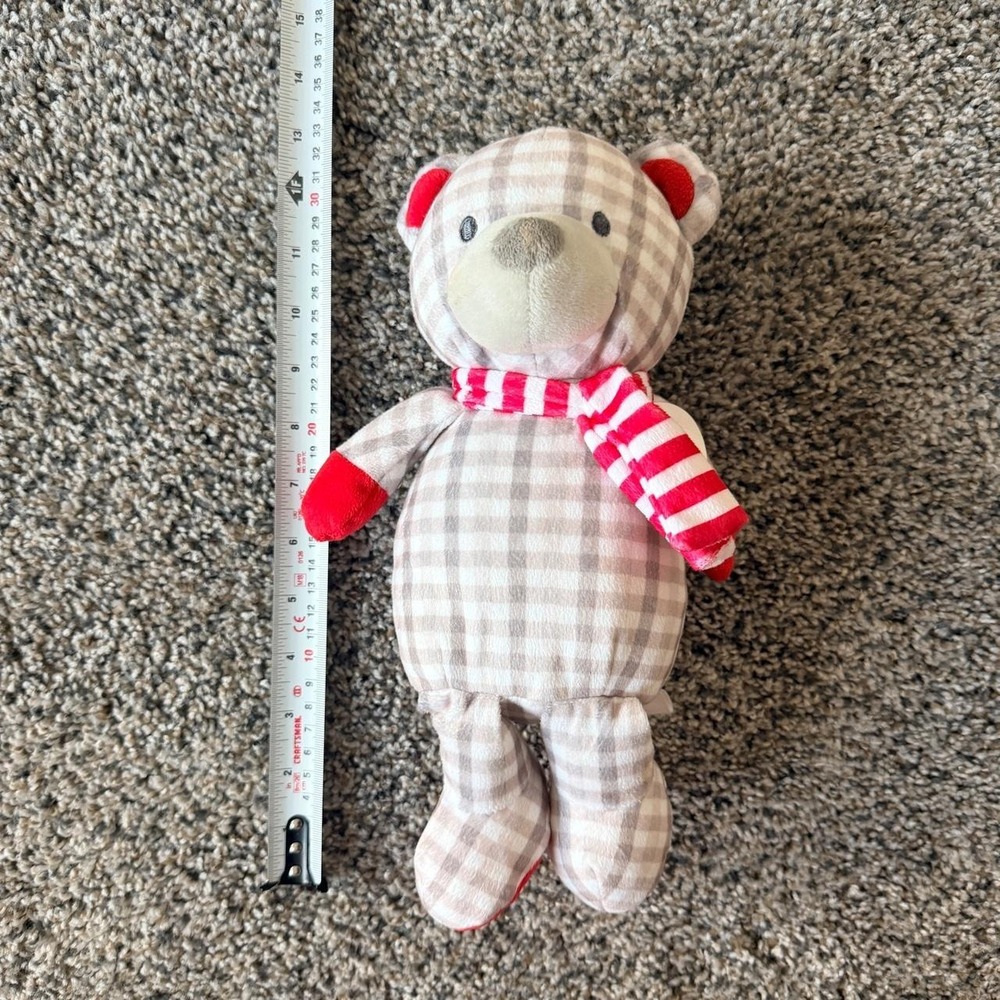 Manhattan Toy Company Grey White Checkered Bear Plush Red Striped Scarf 12 inch